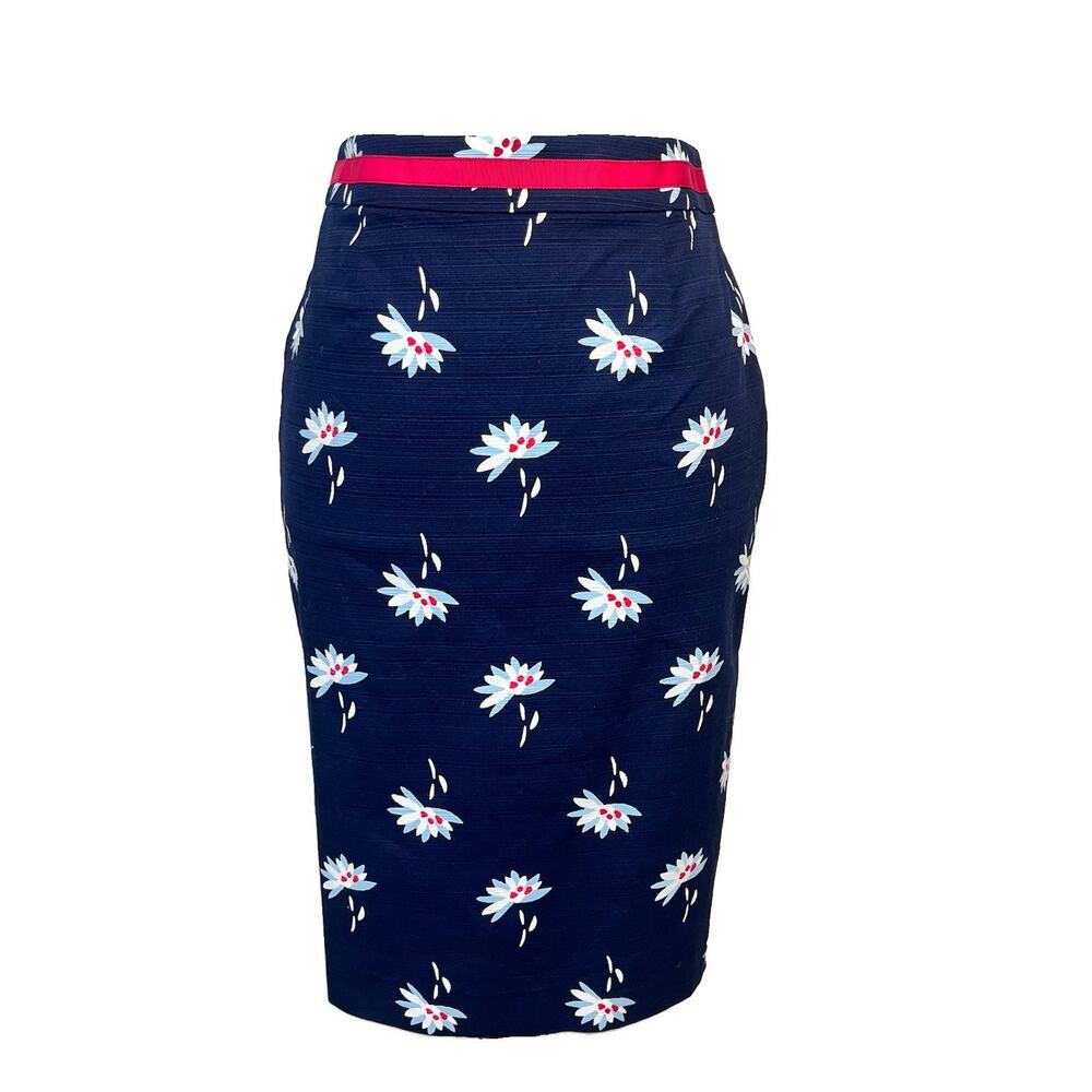 Boden Skirt size 6R Navy Blue Floral Red Ribbon Pencil Knee Summer Career Casual